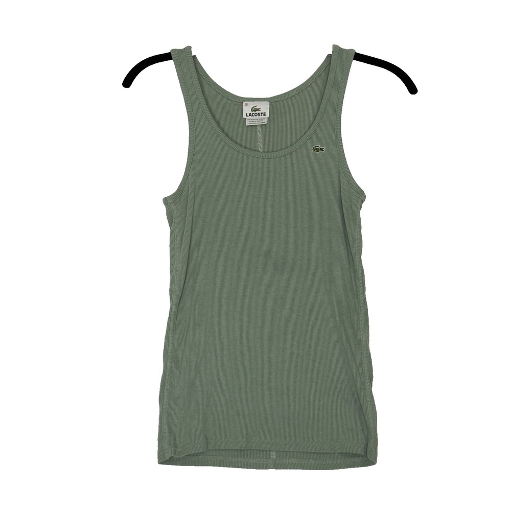 Lacoste Womens Tank Top Size 36 Green Ribbed Sleeveless Croc Logo Casual